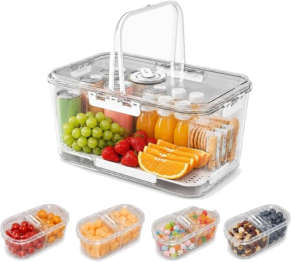 Picnic Basket with Ice Pack Snack Box with Compartments, Travel Picnic Hamper for Snack/Fruit/Veggie Storage, With 4 Snack containers for Outdoor Camping/Family Gatherings