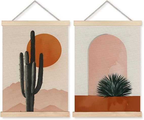 Yomisex Boho Western Cactus Desert Sun Wall Art Poster, Western Boho Home Decor, Mid Century Southwestern Nature Landscape Wall Art Framed for Home Bedroom Living Room Decor, 12x16 Inch Set of 2