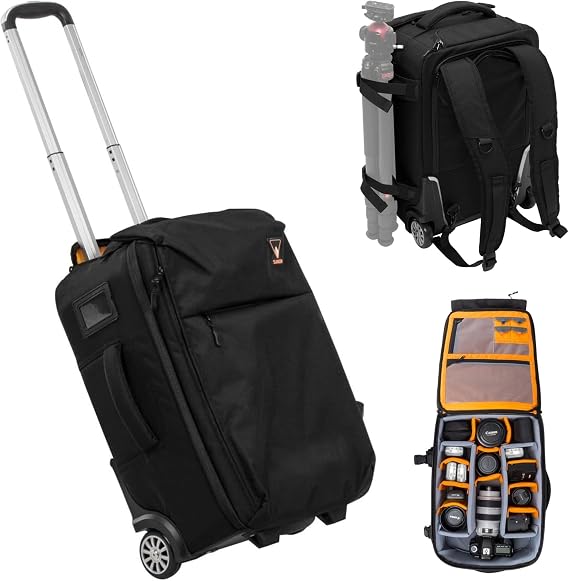 SLINGER 2-in-1 Wheeled Camera Backpack, Rolling Luggage Case with Handle and Anti-Shock Dividers for DSLR Cameras, Lenses, Hoods, Lighting, Tripod, Accessories, Travel Bag with Wheels