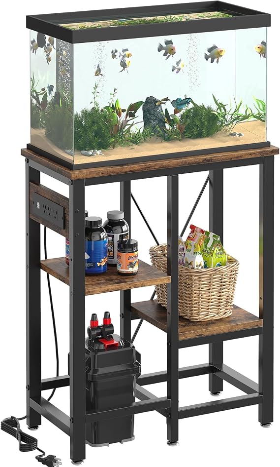 Bestier 10 Gallon Fish Tank Stand with Power Outlet, Rustic Brown, 20x11 | 6-Leg Steel Frame, 3-Tier Adjustable Shelves for Filters Storage, 264Lbs Capacity, 5-In-1 Power Outlet, 4 Leveling Feet