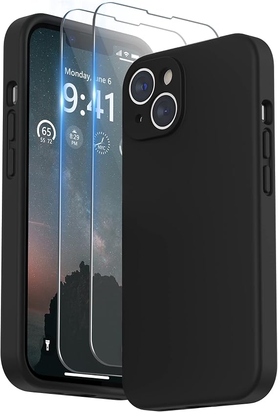 SURPHY Case for iPhone 14 Plus Case with Screen Protector and Camera Protection, Liquid Silicone Phone Case with Soft Microfiber Lining, Black