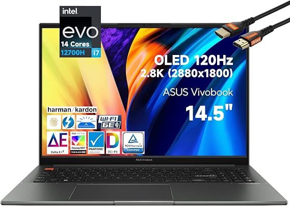Asus 2022 Latest Vivobook S 14X 14.5 OLED 2.8K 120Hz Laptop, 14 Cores Intel Evo 12th Gen i7-12700H, 100% DCI-P3 Pantone 600nits 16:10, Wi-Fi 6E, Backlit KB, Thunderbolt 4 (16GB RAM