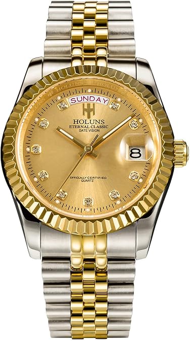 41MM Men's Gold Plated Stainless Steel Waterproof Quartz Watch Luxury Wristwatch with Date Week Display