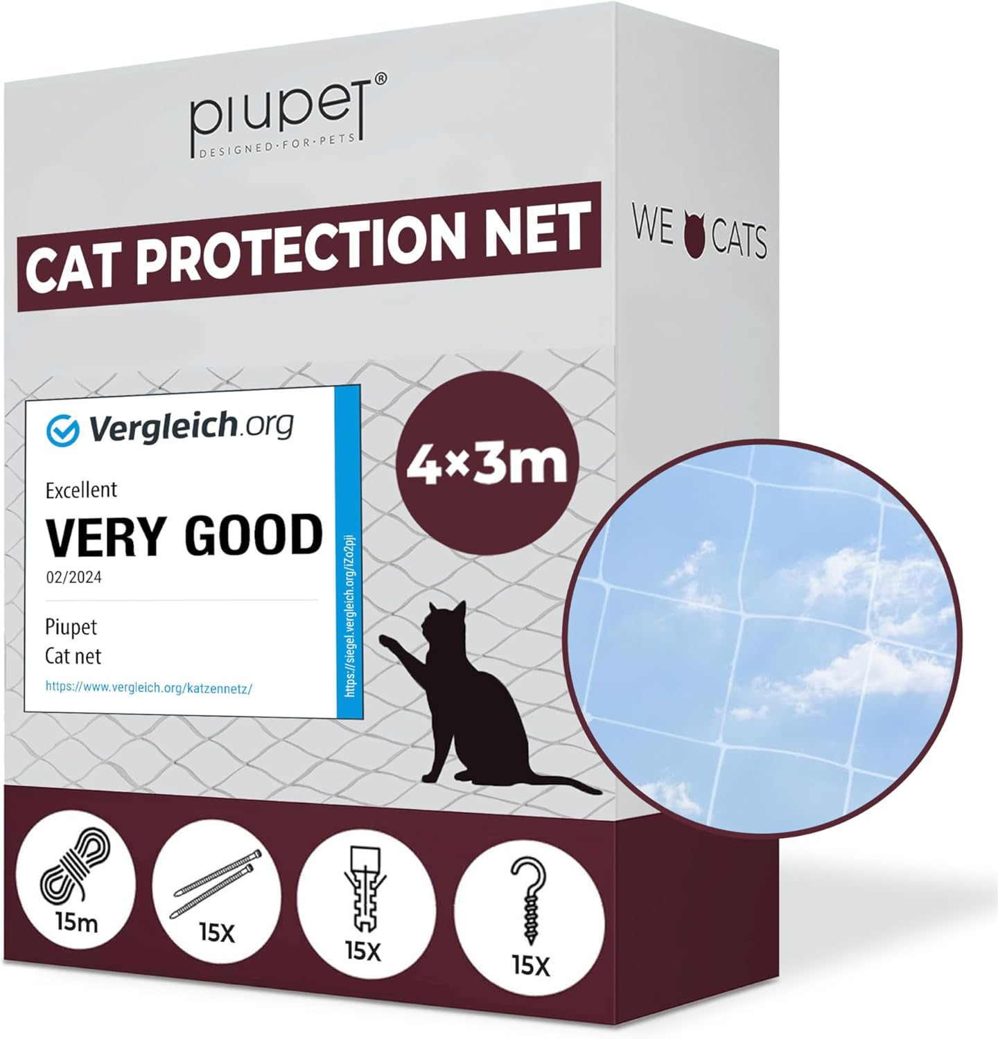 PiuPet® Cat Net Transparent I 4x3m I Including Fastening Set I Netting for Balcony and Window I Balcony Netting for Cats | Ideal for Catio Cat Outdoor Enclosures and Cat Window Guard