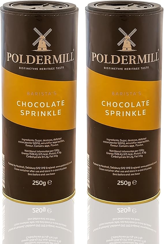 Poldermill 2‑Pack Chocolate Sprinkler Shaker – 2 × 250 g Barista‑Grade Cocoa Dust – Vegan, Nut‑Free Coffee Topping for Lattes, Cappuccinos, Hot Chocolate & Desserts - Avalo Supplies