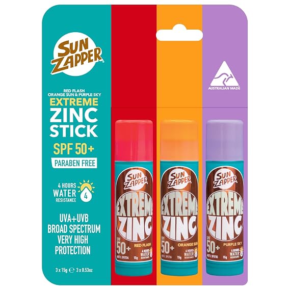 Sun Zapper Extreme Zinc Sunscreen Stick 3-Pack SPF 50+ Red Orange Purple Colored Water Resistant Mineral Sunscreen Sticks for Face, Surf Sunblock, 15g (0.53 oz) Each, Australian Made