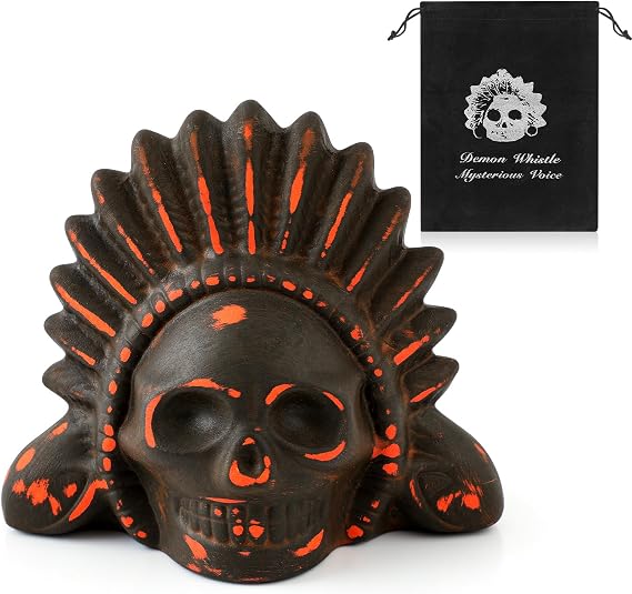 Aztec Death Whistle Scream Silbato Azteca with Gift Bag Necklace Cord Loudest up to 125+ Decibels Authentic Human Sounding Aztec War Whistle for Horror Novelty Gift Party Supplies(Feather Skull)