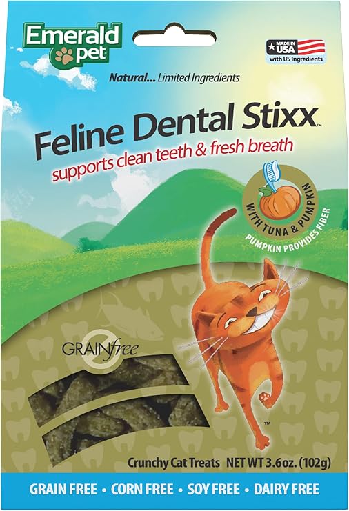 Emerald Pet Grain-Free Tuna Cat Dental Treats Crunchy Dental Sticks for Cats to Clean Teeth, Reduce Plaque & Tartar, Freshen Breath Pumpkin for Digestive Health, Natural Cat Chews, 3.6 oz