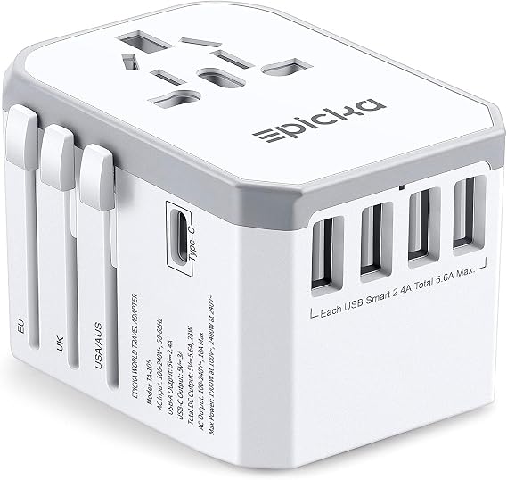 EPICKA Universal Travel Adapter with 1AC/1 USB-C/4 USB-A Ports | Travel Plug Adapter for EU/US/UK/AUS, Supports Charging for Multi-Device, Not A Voltage Converter, TA-105, White