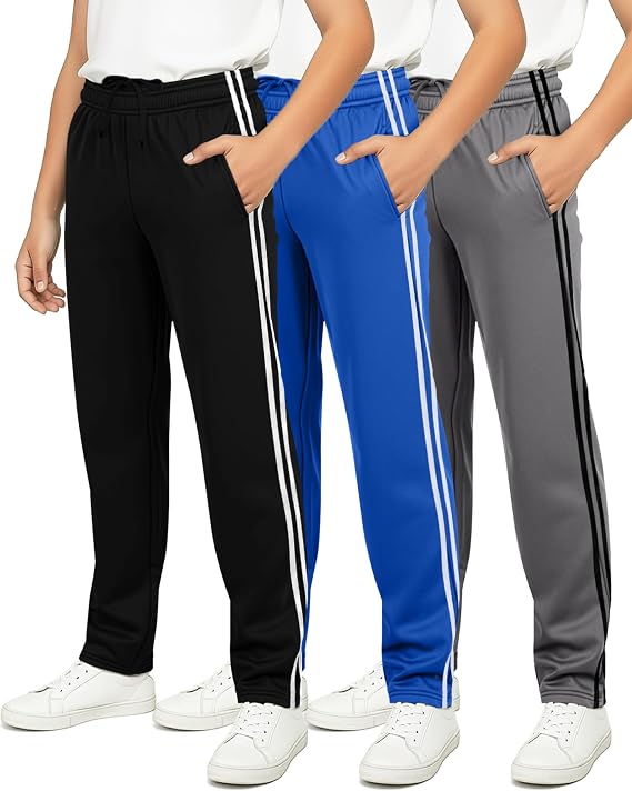 3 Pack Boys' Tricot Sweatpants Open Bottom Kids Teen Athletic Pants Pockets | Available in Sizes 5-16, Youth Activewear, Basketball, Track, Sports, Hiking, Jogging, Back to School, Workout, Gym