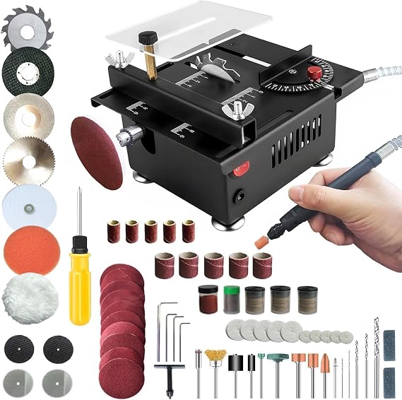 Mini Table Saw with 200W Pure Copper Motor, Mini Multi Functional Table Saw for Crafts Plastic Wood Cutting, Height & Angle Adjustable Desktop Electric Saw with Cut Sand Engrav Drilling