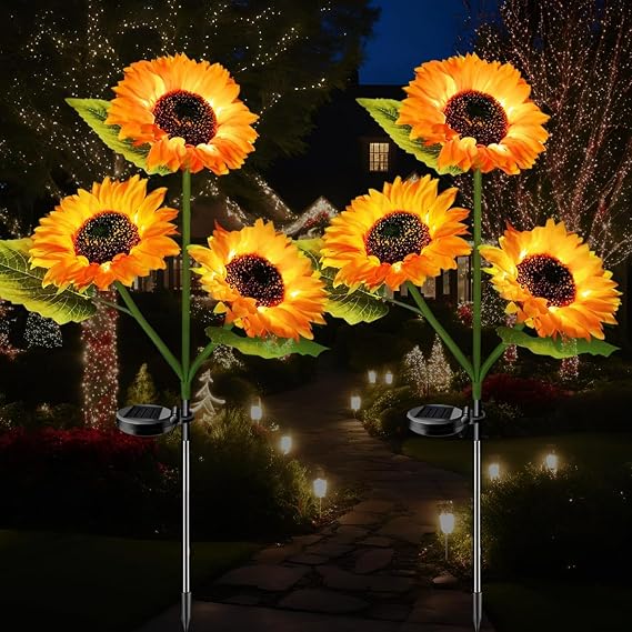 Solar Sunflower Garden Lights, 2 Sets of LED Outdoor Decorative Lights, Used for Garden Lawn Landscape Flowers, Bright Outdoors (2 Pack) [Energy Class A]