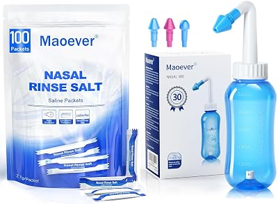 MAOEVER Neti Pot with 130 Nasal Wash Salt Packets Sinus Rinse Bottle Nose Wash Cleaner Pressure Rinse Nasal Irrigation for Adult & Kid BPA Free 300 ML Sticker Thermometer