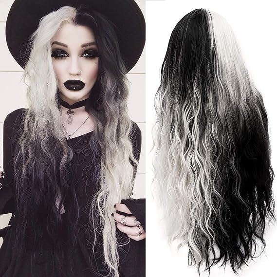 Mildiso Long Wigs for Women 26'' Black White Wig Cute Colorful Hair M051