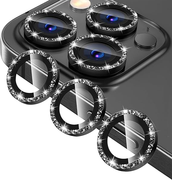 3X2 Pack Camera Lens Protector for iPhone 16 Pro Max 6.9'',iPhone 16 Pro 6.3 '' Tempered Glass Lens Screen Protector Camera Cover Metal Individual Ring for 15 Promax 5G 2024,Glitter Black