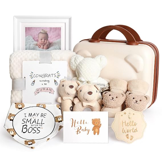 iAOVUEBY Baby Gift Set, Baby Shower Gifts for Girls Boys, Bear New Baby Gift Basket Include Newborn Rattle Blanket Wooden Keepsake Milestone Cute Bibs Socks Greeting Card, Baby Gift Essentials Stuff