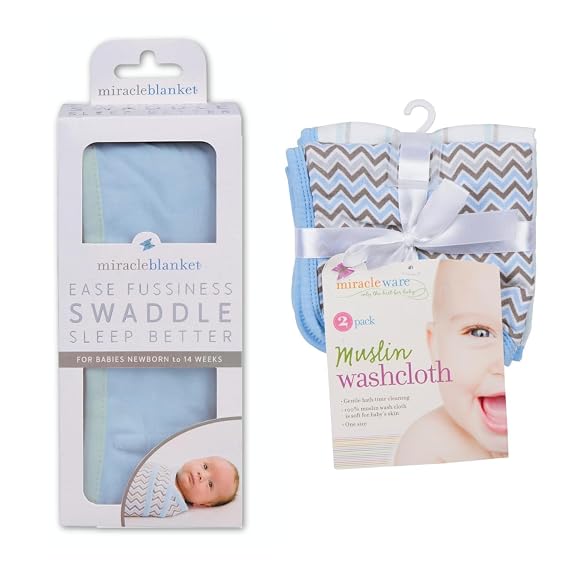Miracle Blanket Cozy Swaddle Wrap & Muslin Baby Washcloth Bundle Newborn Baby Sleep Essentials 100% Cotton for Nursery, Cuddling, and Bedtime Pack of 2 Washcloths + 1 Wrap