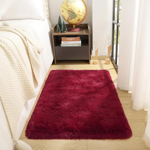 DETUM Small Rug 2x3 Fluffy Wine Red Area Rug for Bedroom Living Room | Washable, Non Slip, Soft Throw Carpet for College Dorm Plush Rugs for Kids