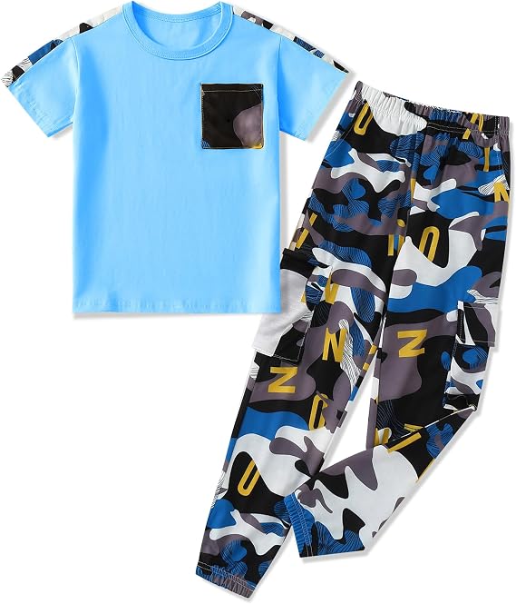 mksodopy Boys Clothes Outfits Set, Camo Cargo Pants and Short Sleeve Pocket Tee 2PC Summer Tracksuit for Kids 5-16Y