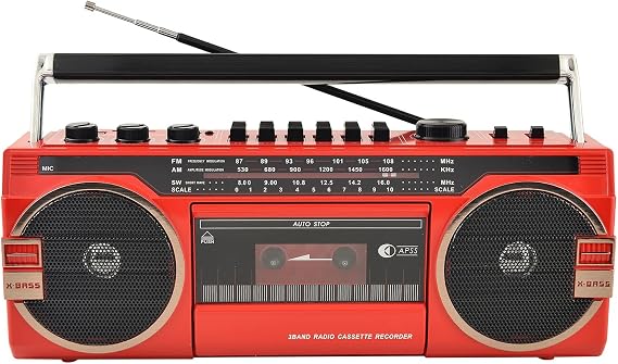 Portable Bluetooth Boombox, Retro Built-In Stereo Speaker with Cassette Player USB TF Card Play Tape Music Player Recorder 5.0 Bluetooth Speakers Radio Classic 80s Style (Color : Red)