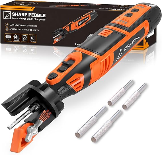 Sharp Pebble Cordless Lawnmower Blade Sharpener - Adjustable 25°-45° Angle Sharpener Tool with 5 Diamond Wheels for Precision Sharpening