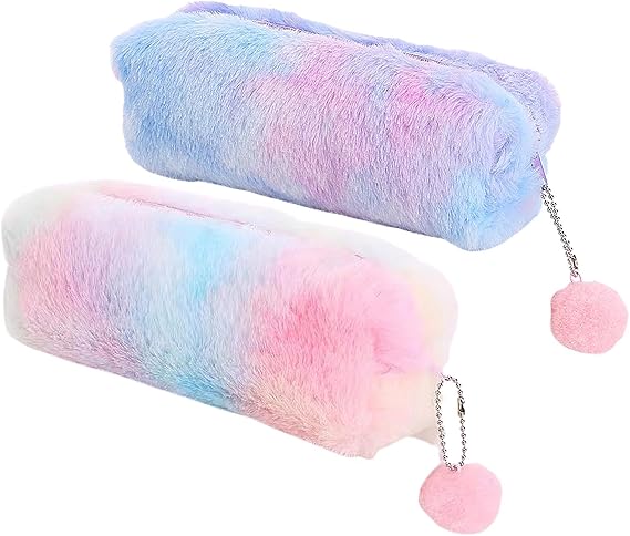 2 Plush Pencil Cases, Cute Rainbow Pencil Case, Soft Pencil Bag Large Capacity Stationery Storage Bag, Girly Stationery Pen Case, Children Plush Pen Case,Pencil Cases Girls (Pink, Purple)