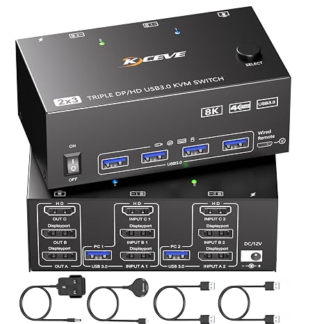KVM Switch 3 Monitors 2 Computers 8K@60Hz 4K@144Hz, HDMI Displayport KVM Switch Triple Monitor for 2 PC Share 3 Monitor and 4 USB3.0 Devices,Wired Remote and USB Cables Included