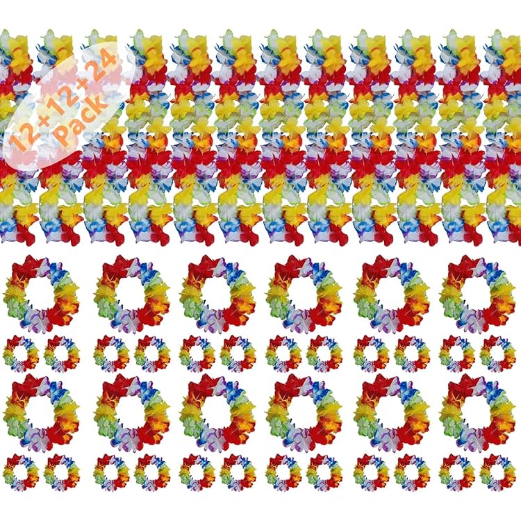 Leis for Luau Party,48-Pieces, 12 Sets, Thick and Lush Tropical Flower Leis,for Hawaii Party Supplies, Hula Dance, Luau Decorations, Graduations, Birthday, Beach Weddings Favors Multi-Color