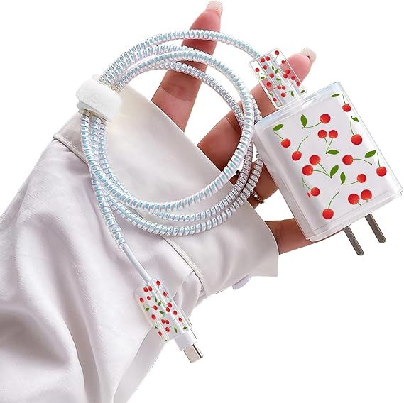 Cute Fruits DIY Protectors Cable Protector for iPhone Charger,Kawaii Cherry Pattern,Data Cable USB Charger Data Line Earphone Wire Saver Protector for iPhone 11 12 13 Pro Max XS XR X 7 8 Plus