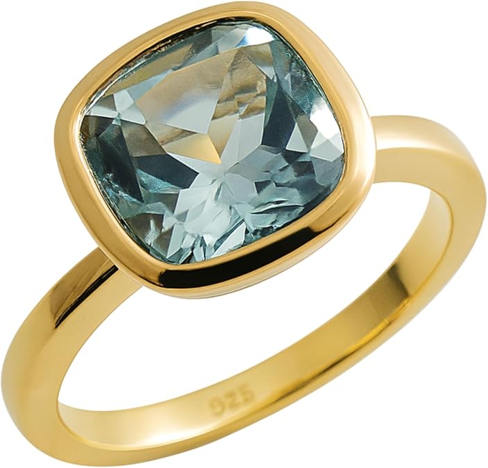 Blue Topaz Cushion Cut Ring 10x10mm 925 Solid Sterling Silver with 3 Micron Gold Plating Natural Authentic Gemstone, Scandinavian Handmade Fine Jewelry for Women