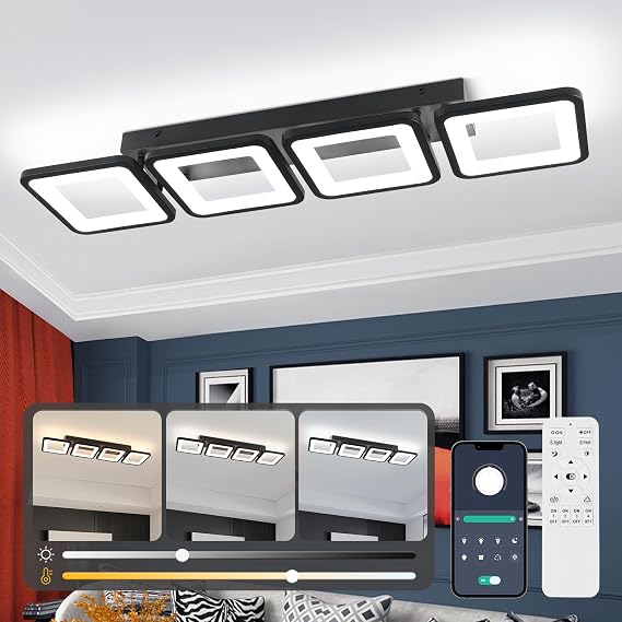 Modern Ceiling Light LED, 69cm 4-Square Black LED Dimmable Ceiling Lights Fixtures with Remote Control for Dining Room Bedroom Office Entrance Hallway Kitchen Living Room Light - 52W Black [Energy Class E]