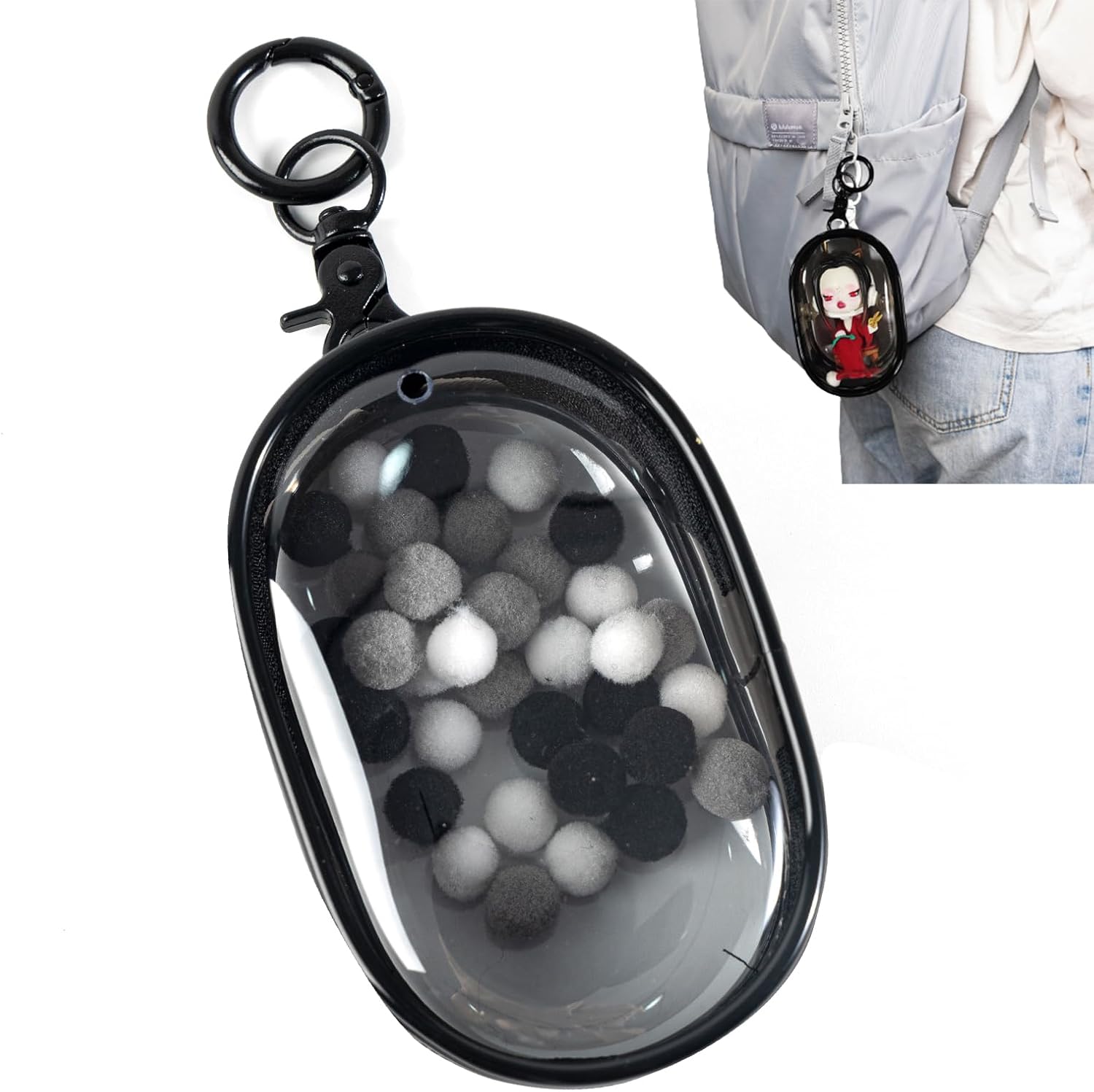Clear Figures Display Bag, Portable Figures Storage Bag with Keychain, Mini Doll Hanging Blind Box, Single Zipper Closure Dustproof Collectibles Case for Mini Figures, Dolls Black, Elliptic