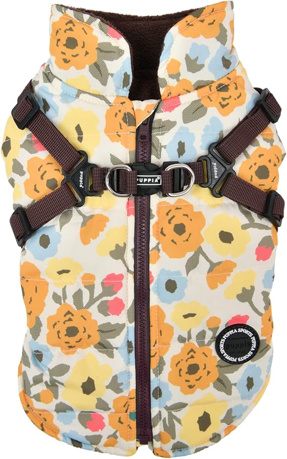Puppia Puppia Alyssa Winter Dog Coat with Integrated Harness No Pull Cold Weather Waterproof Warm Fleece Back Zipper for Small & Medium Dog, Brown, Large