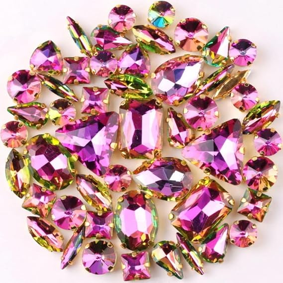 Gold Claw Settings 50Pcs/Bag Shapes Mix Rainbow & Jelly Candy Ab Glass Crystal Sew On Rhinestone Garments Shoes Bags DIY Trim - (Color: A15 Fuchsia Rainbow)