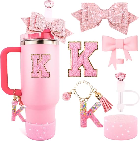 Pink Cup Accessories Set for Stanley 30OZ & 40OZ Tumbler with Handle, Letter Charms, Bow & Diamond Straw Covers, Glitter Silicone Boot, Personalized Sticker for Stanley Cup Accessories (K)