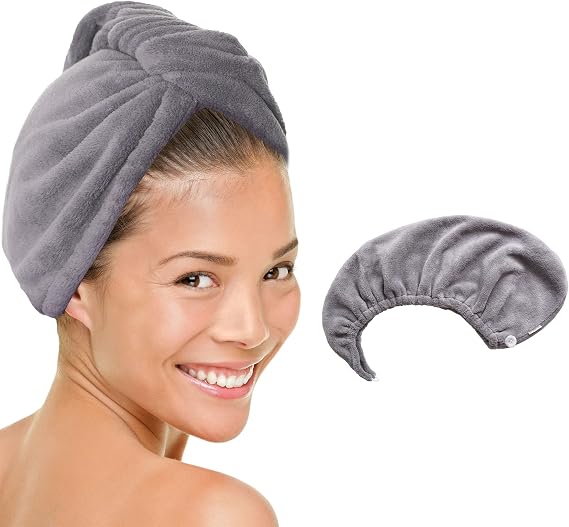 MICRODRY - Ultra-Absorbent Hair Towel Wrap for Long Hair or Short Hair, Quick-Drying Microfiber Hair Towels, Machine-Washable Hair Care Anti Frizz Hair Products, One Size Fits All, 1 Piece, Gray