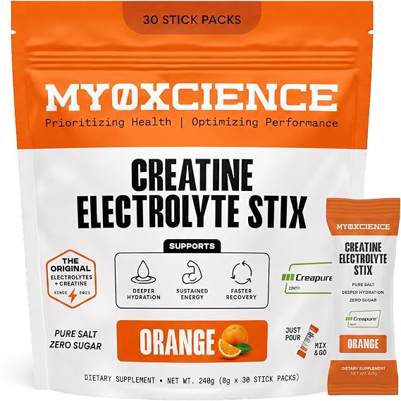 MYOXCIENCE Electrolyte STIX | Creatine Electrolyte Powder | Recovery from Exercise & Muscle Development w/Real Salt (Natural Orange Flavor) (Stix 30 ct)