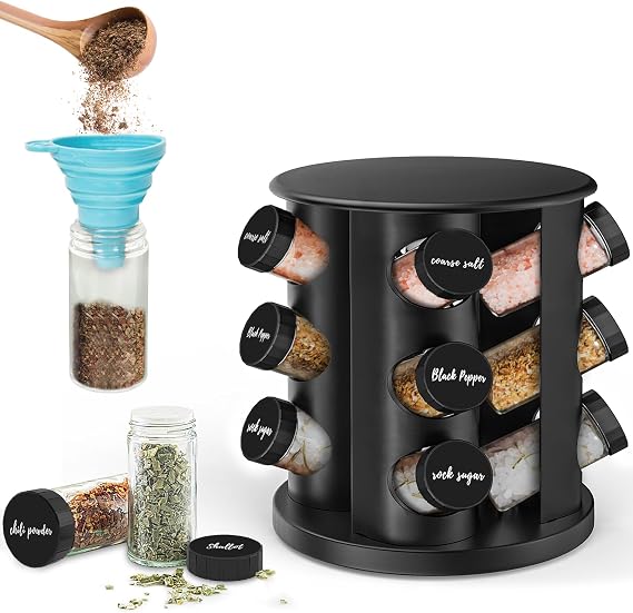 Rotating Spice Rack Organizer with 12 Spice Jars Revolving Stainless Steel Seasoning Rack with Stickers and Folding Funnel for Countertop or Cabinet, Black