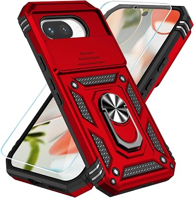 SunStory Phone Case for Google Pixel 9A Case with HD Screen Protector & Slide Camera Cover & Rotated Ring Kickstand, [Military-Grade] Phone Case for Google Pixel 9A,Red