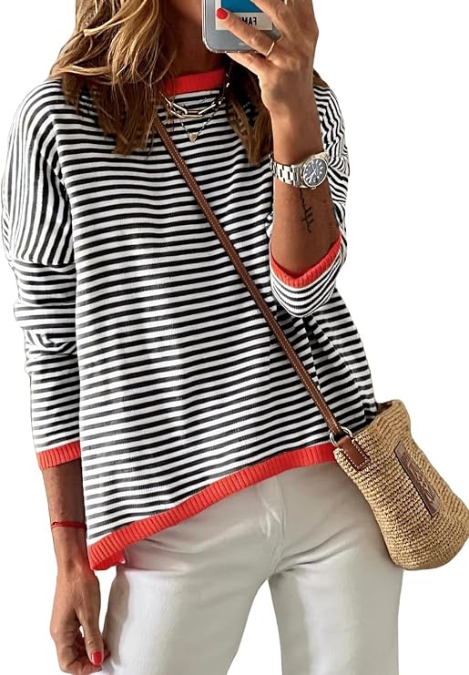 Dokotoo Women's Long Sleeve Sweaters Casual Crewneck Fashion Fall Striped Color Block Shirts High Low Pullover Sweater Tops