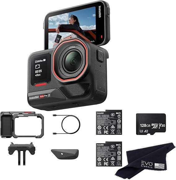 Insta360 Ace Pro 2 Dual Battery Xplorer Bundle with 128GB Card- 8K Waterproof Action Camera Co-Engineered with Leica, Flagship 1/1.3" Sensor, 8K30fps, 4K60fps, 2.5" Flip Screen, AI Noise Reduction