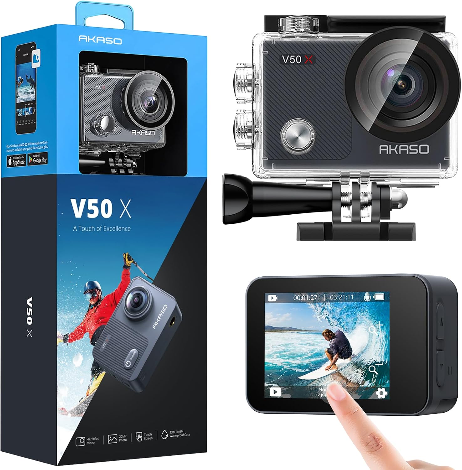 Akaso V50X 4K 30Fps Action Camera and Accessory Set 20MP WiFi Action Camera IPX7 Waterproof EIS 2.0 Dual Screen, Touch Screen, 2X 1350mAh Battery and Accessory Kit