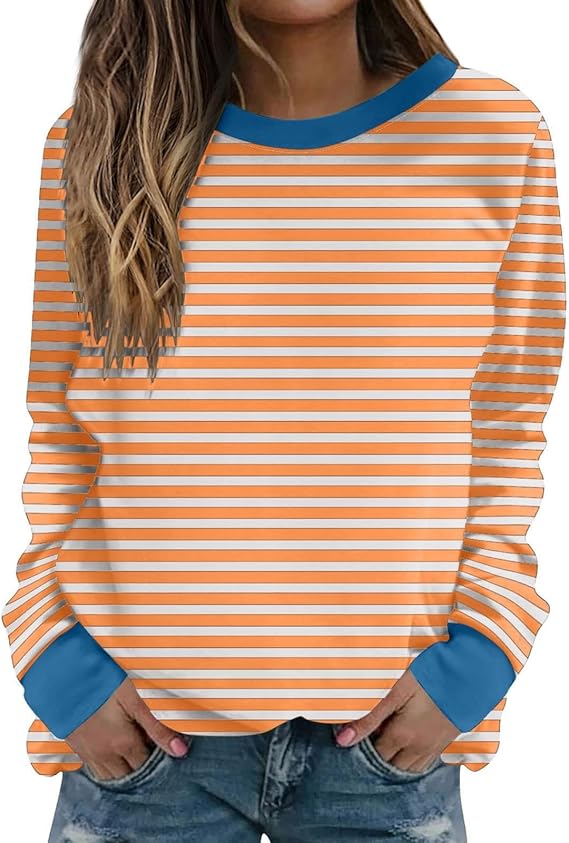 Long Sleeve Striped Shirts for Women Oversized Fall Fashion Gym Tops Dressy Casual Crewneck Sweatshirt Trendy Outfits