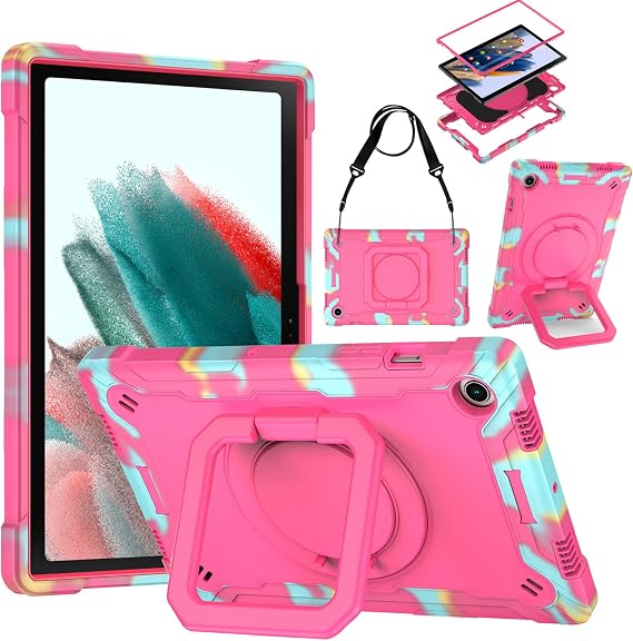 DETUOSI Shockproof Case for Samsung Tab A8 10.5" 2022, Camouflage Rose Red | with 360 Rotatable Stand & Shoulder Strap, Multi-Angle Cover, 3-layer Heavy Duty Protective Case for SM-X200/X205/X207