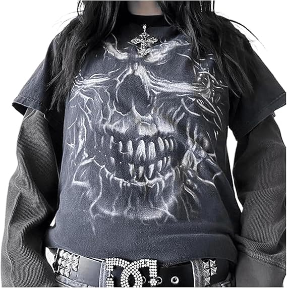 Y2k Grunge T Shirt Vintage Graphic Long Sleeve Gothic Baggy Top Women Teen Girl Emo Star Skull Oversized Goth Tee