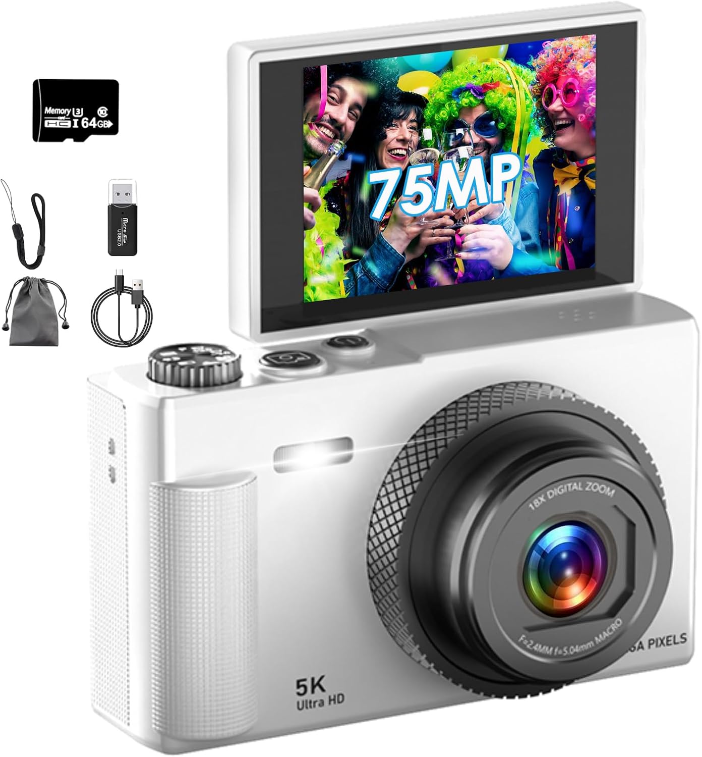Digital Camera 5K Video Recording, 75 Million Pixels, 180° Flip Screen, Digital Camera, 64 GB, Micro SD Card Included, AF Autofocus, Compact Camera, 2.83-inch Large IPS Screen, 18x Zoom, Flash, Vibration Correction, Webcam, Rechargeable, Large Capacity Battery, Lightweight, Japanese Instruction Manual, Perfect for Students, Beginners, School Trips, Birthday, New Year