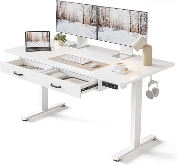 FEZIBO 55 x 24 Inches Standing Desk with Double Wooden Drawers, Adjustable Height Electric Standing Desk, Stand Up Home Office Desk with Splice Tabletop, White Frame/White Top