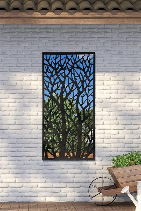 MirrorOutlet Metal Garden Screen Mirror Extra Large Tree Effect, Black, 120 x 60 cm