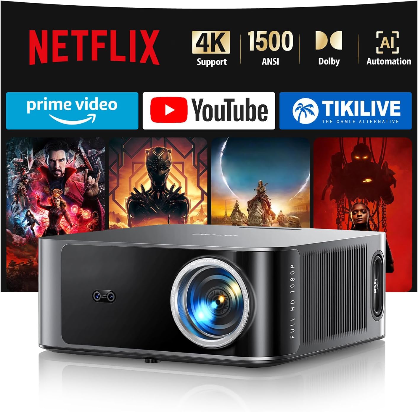 Proyector【1400 ANSINetflix Oficial36W Dolby】 Smart Proyector 4K AI Auto FocusKeystone, TOPTROProyector 1080P Full HD Nativo WiFi 6 Bluetooth 5.2 Zoom 50% Cine en CasaExterior para MovilPS5USB