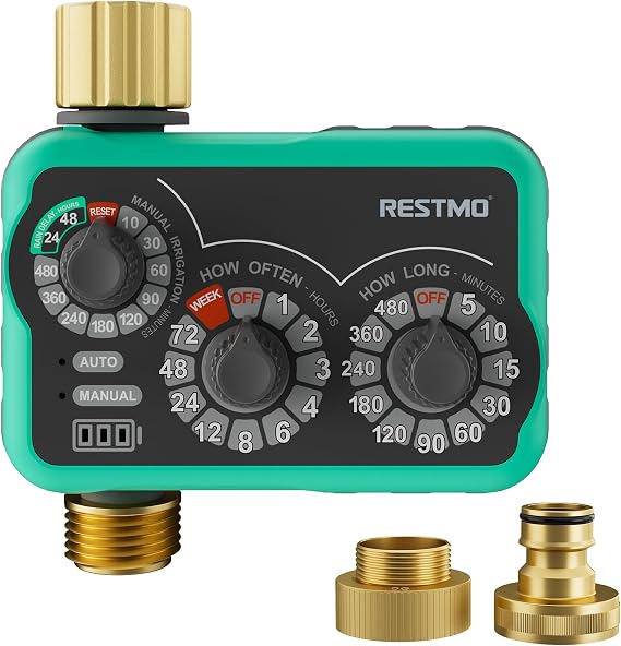 RESTMO Irrigation Timer Water Timers for Irrigation 3-Dial Analog | Brass Inlet & Outlet Mechnical Sprinkler Timer with Manual/Rain Delay, 480 Minutes Max Watering, Easy to Set Up